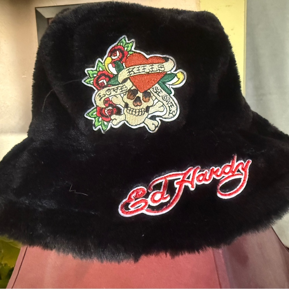 NWOT- Ed Hardy Black Faux Fur Hat